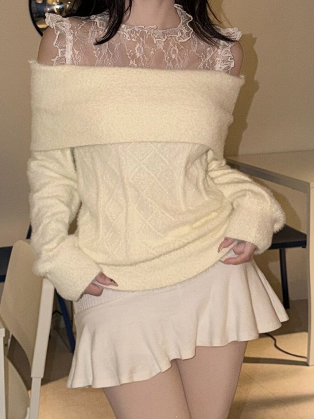 Apricot & Tan Casual Women's Fuzzy Off The Shoulder Lace Trim Sweater